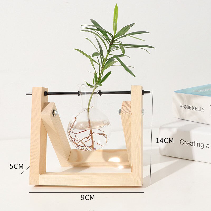 Terrario hidropónico para plantas, florero transparente con marco de madera, decoración de mesa de vidrio, planta de bonsái, decoración de flores: 14x16cm Light Color