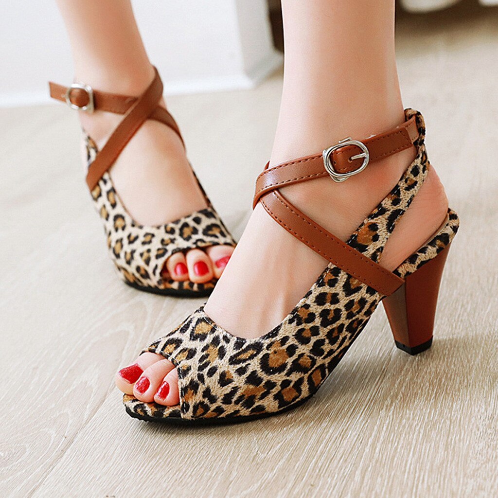 shoes woman Women Women's Open-Toe Ankle Buckle Strap Sandals Fish Mouth Leopard Shoes High Heeles shoes woman sandals 20