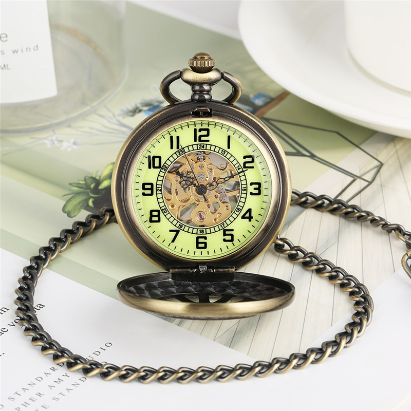 Antike leuchtende Zifferblatt mechanische Taschenuhr Bronze Hohlrad Unisex Handaufzug Uhr Steampunk Anhänger Kette Reloj