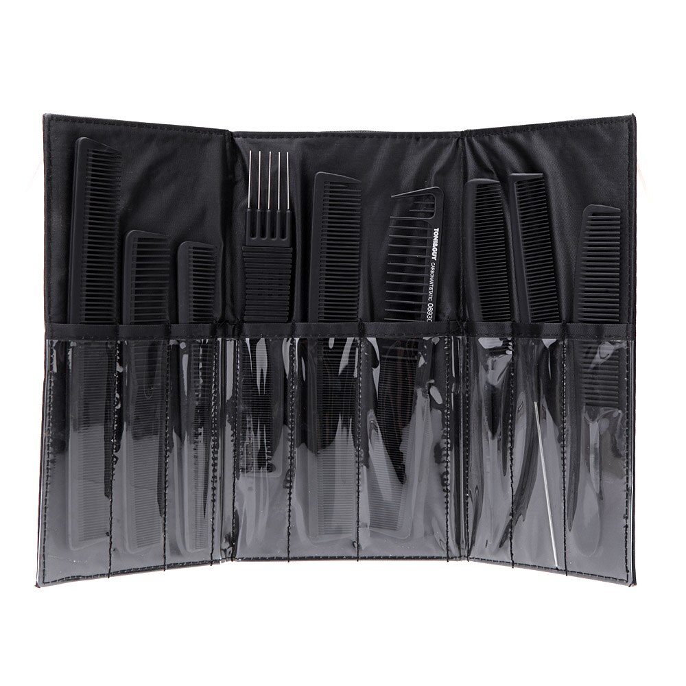 9Pcs Pro Salon Haar Kam Set Professionele Kappers Snijden Kammen Hair Brush Set Met Pouch Holder Case Black Make-Up kit
