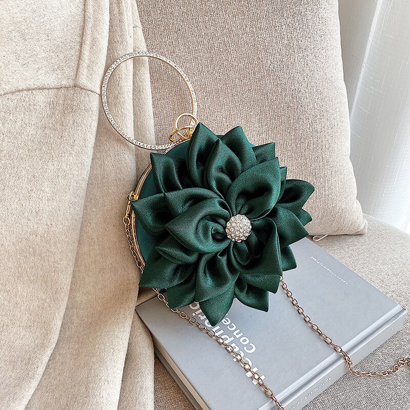 Mild damväska med diamantmetallring pu läderblomma axelväska: Mörkgrön