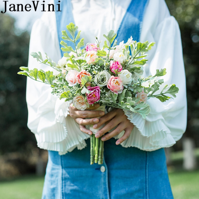 JaneVini Seide Brautjungfer Bouquets Künstliche Pfingstrose Rose Trouw Boeket Kleine Größe Braut Hochzeit Bouquet Griff Braut Blumen