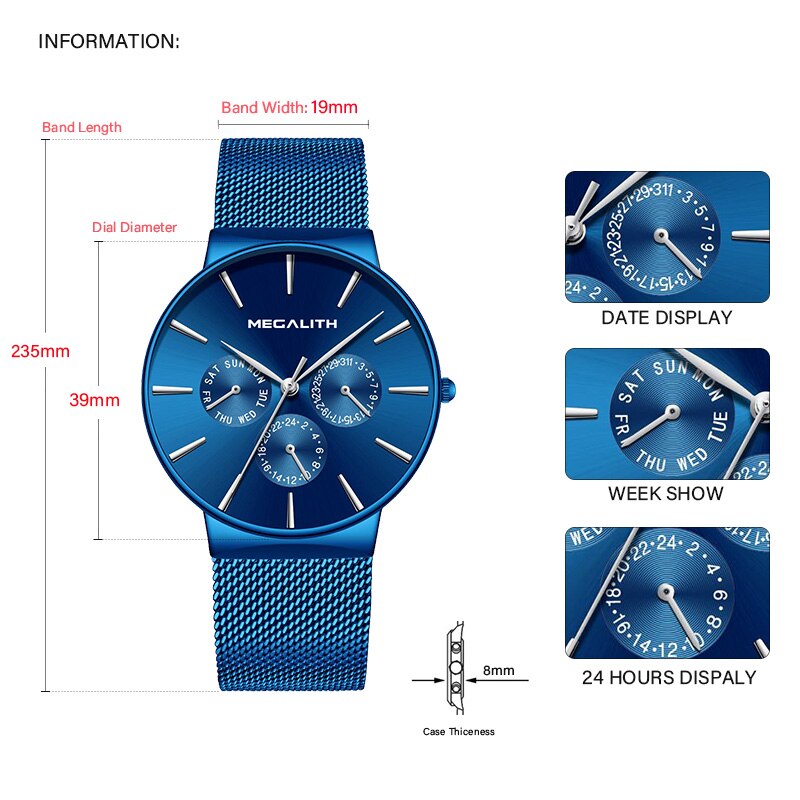 MEGALITH relojes para hombre, reloj de pulsera resistente al agua de lujo, reloj de cuarzo ultrafino para hombre, reloj deportivo Erkek Kol Saati