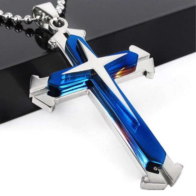 Titanium stalen punk ketting drie lagen open heren kruis ketting jezus titanium staal zwart blauwe hanger