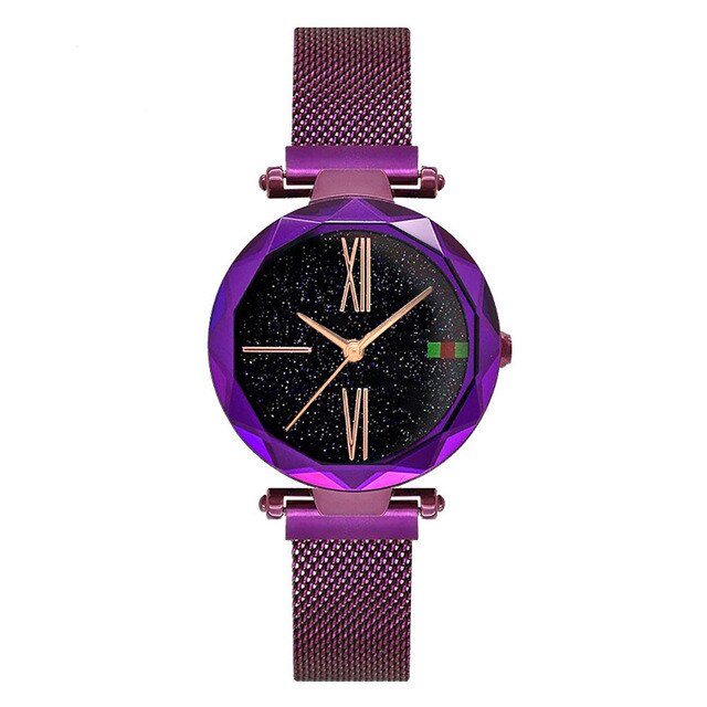 Relogio Feminino Women Starry Sky Watches Magnetic Mesh Belt Watch Women Dress Luminous Quartz Wristwatch Zegarek Damski: B Purple