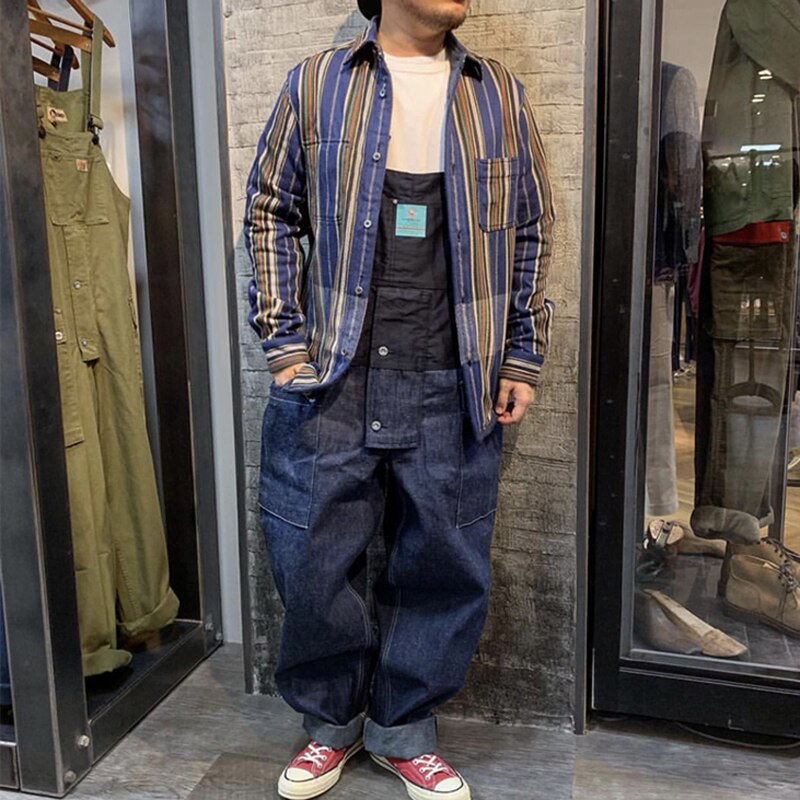 Kontrastsøm smæk overalls bukser herre safari cargo arbejdsbukser funktionelle flere lommer denim bukser overalls herre jeans
