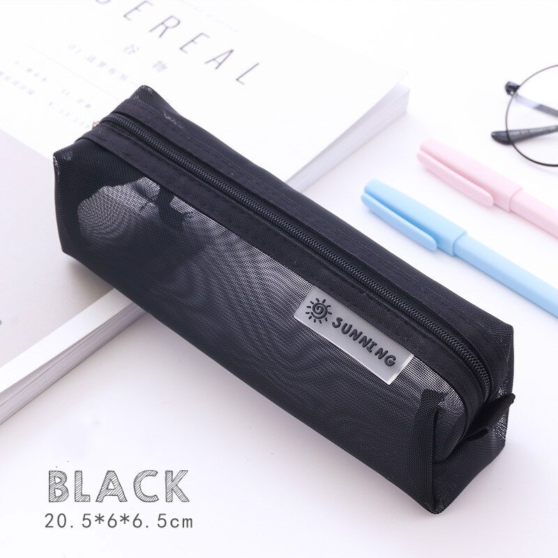 Bolsa de lápices de papelería transparente para examen de estudiante, estuche de bolígrafos de malla de nailon dedicado, bolsa de gran capacidad Unisex, suministros escolares: Black