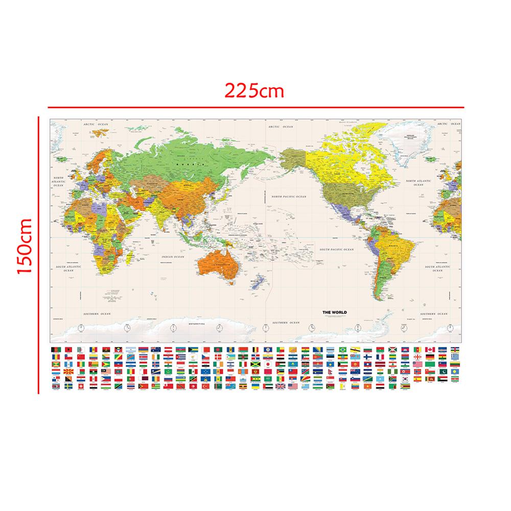 150x225cm Non-woven Detailed Map Of Major Cities in Each Country Physical Map Of The World With National Flag