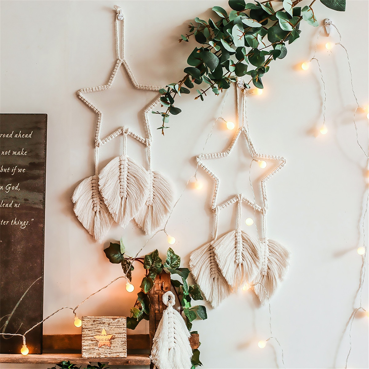 Macramé estrella colgante de pared atrapasueños tapiz bohemio decoración del hogar hecho a mano para niños habitación hogar boda ornamento manualidad para