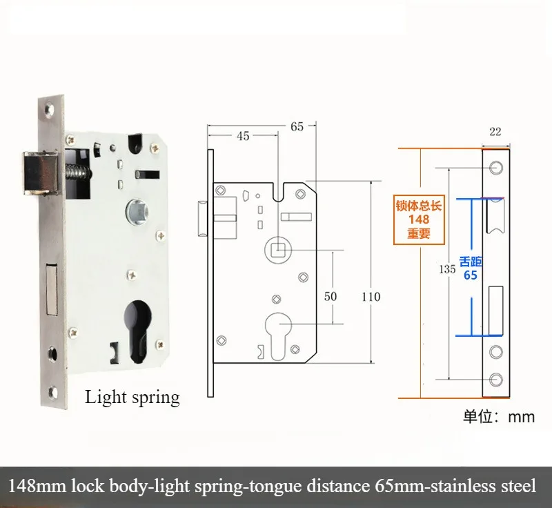 Silencioso Interior fechadura da porta de madeira, Reverse Lift Lock Body, Light Spring Room, 58 Rolamento Magnético, Tamanho 50, Heavy Spring: Níquel