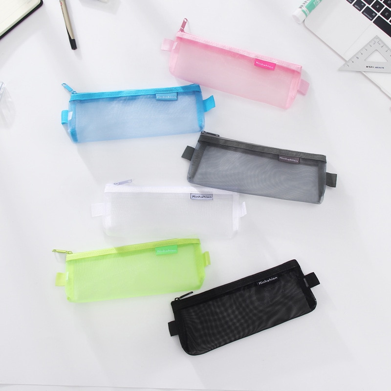 1pcs Transparent Grid Zipper Pen Bag Pencil Case Storage Bags for Girls School Stationery Supplies kids Student