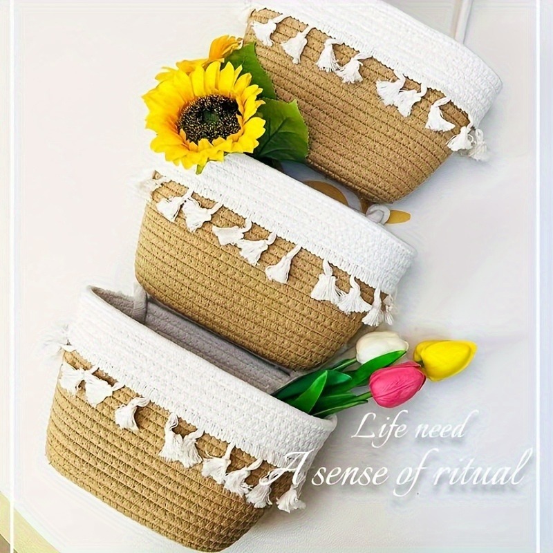 1pcs Handwoven 3-Tier Double Tassel Hanging Basket Wall-Mounted Storage Organizer Woven Basket for Bathroom Kitchen Bedroom