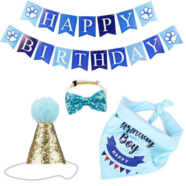Handmade Dog Birthday Bandana Set Party Pet Pull Flag Triangle Scarf Cake Hat Decoration for DIY Pet Party Supplies: Blue set 1