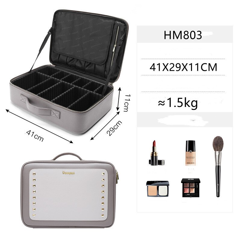 JUNKAI-Bolsa de cosméticos , organizador de maquillaje bonito, material de cuero gris con partición, productos cosméticos de alta capacidad