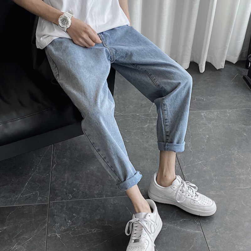 Menn jeans solid denim pluss størrelse 3xl løs koreansk stil retro fritid chic studenter herrebukser enkel all-match vår