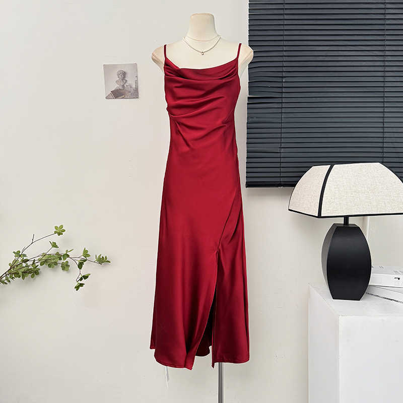 Kvinders stropkjole sommer pink satin split lone kjoler luksuriøse sexede festkjoler højtaljede slanke kjoler