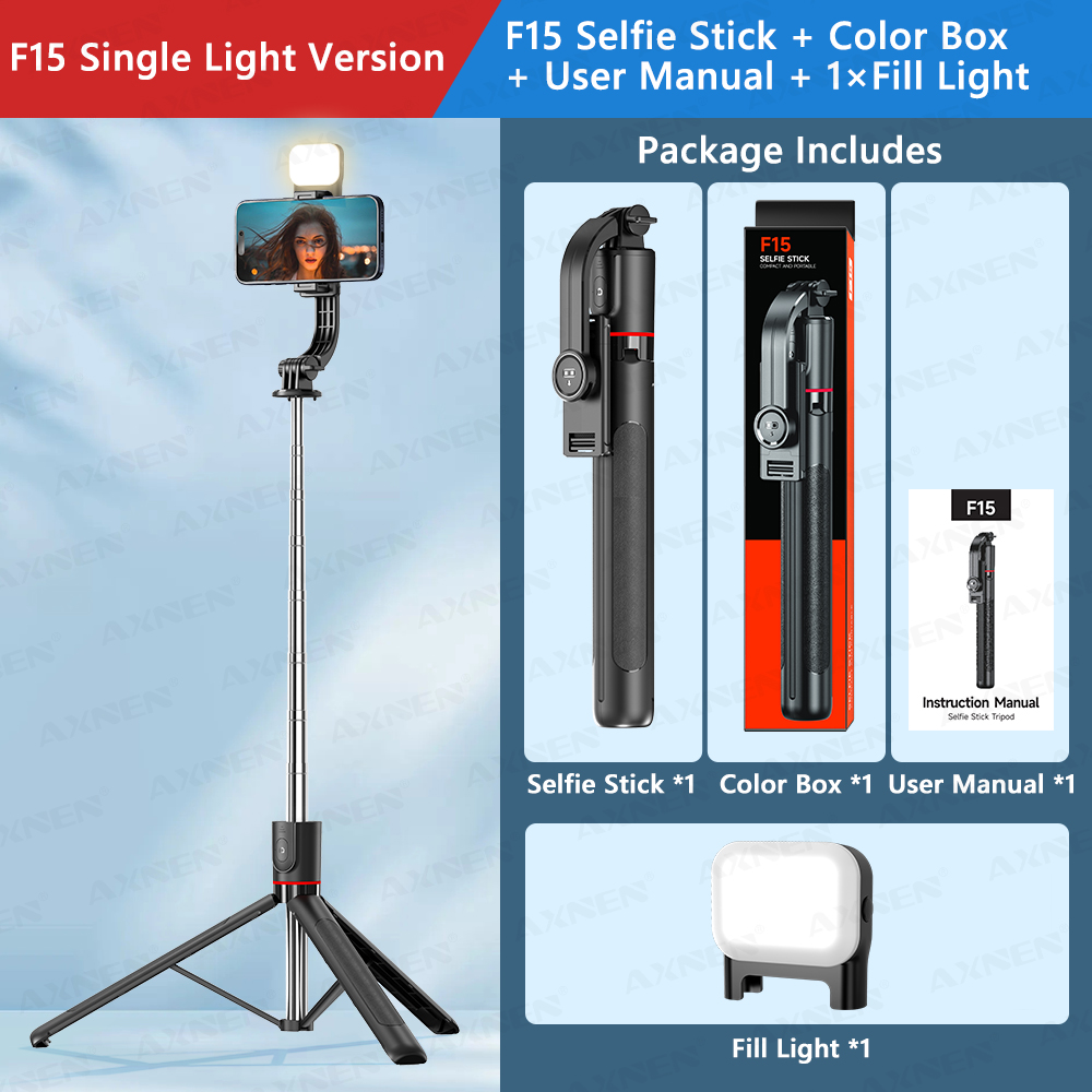 Trípode/palo selfie F15 con control remoto Bluetooth, poste extensible de 6 secciones, 360 ° Rotación, opción de luz de relleno, para teléfono Vlog: Rojo
