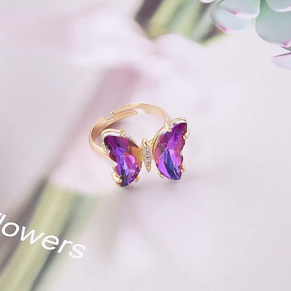 Adjustable Women Girls Korean Crystal Butterfly Open Ring Jewelry Finger Rings: WHITE