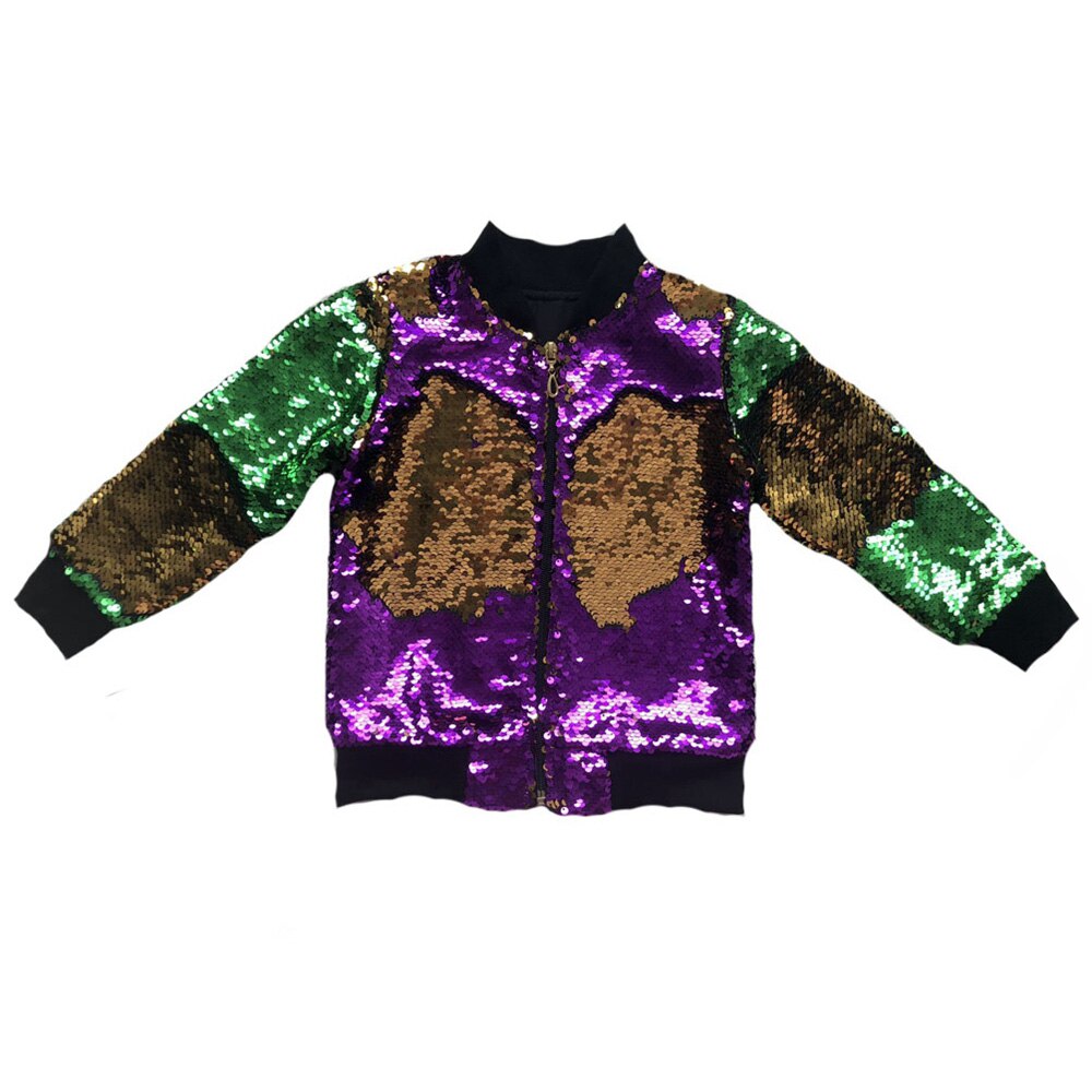 Mardi Gras Orleans Groen Goud/Paars Gouden Kleur Meisjes Bling Sparkle Rits Rib Manchet Lange Mouwen Sequin Jas jas