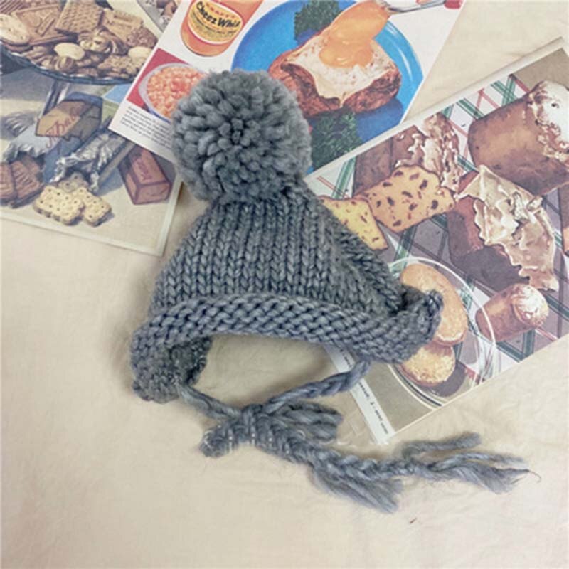 Ins Effen Kleur Pet Gebreide Muts Schattige Haarbal Warm Hond Hoed Hoofddeksel Kat En Hond Accessoires Bichon Teddy Houden warm Puppy Hoed: GRAY / S
