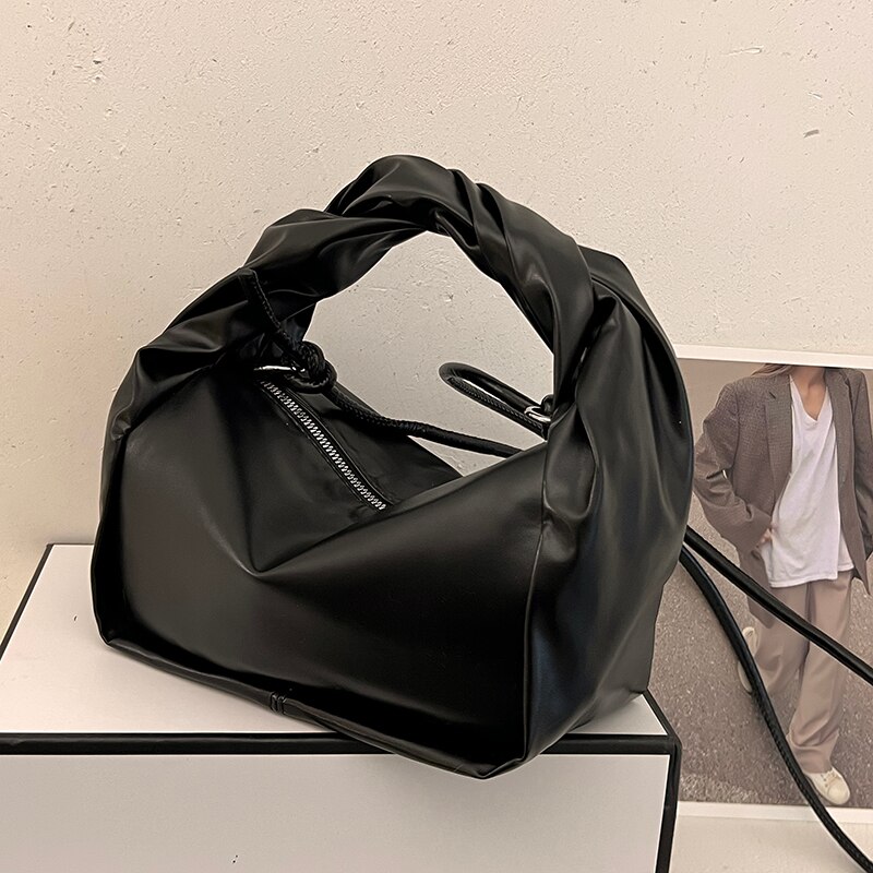 Korean Style Summer New Soft PU Leather Hobo Shoulder Bag Fashion Pleated Handle Handbag for Women Designer Crossbody Bag Female: Black