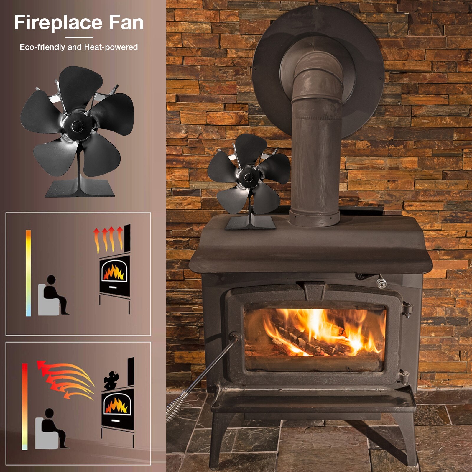 5 Blades Wood Stove Fan Heat Powered Fireplace Fan For Log Burner Home Fireplace Fan Pellet Stoves Efficient Heat Distribution