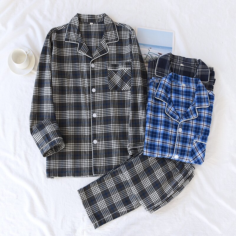 Pyjama à carreaux en flanelle pour Homme, vêtement de nuit en coton, manches longues, pantalon ample, printemps automne Hiver