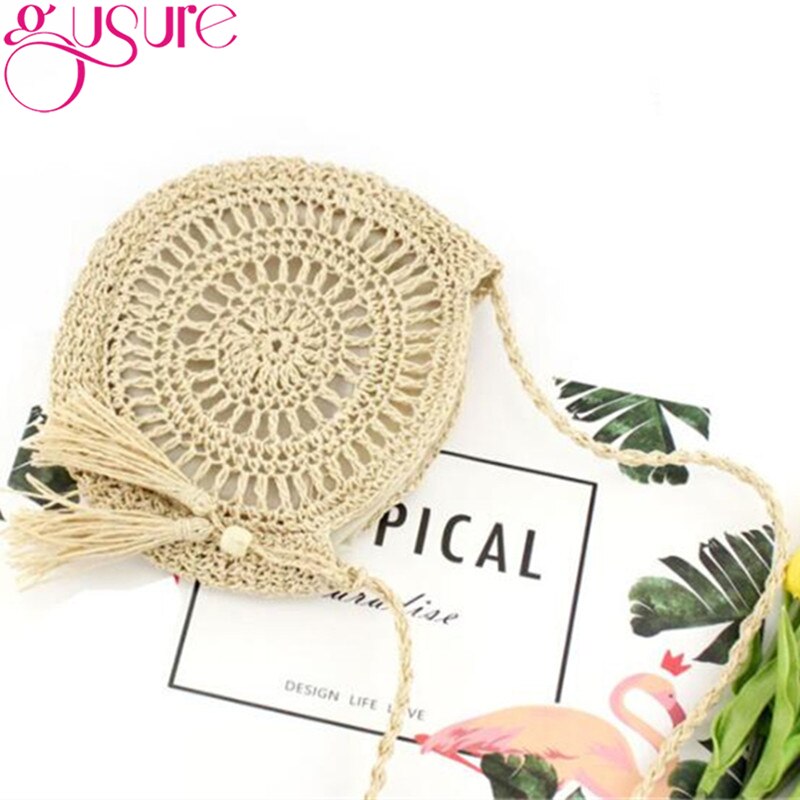 Gusure Rotan Hollow Geweven Ronde Vrouwen Stro Crossbody Tas Gebreide Zomer Strand Kwastje Handtas Vrouwelijke Kleine Schouder Tas