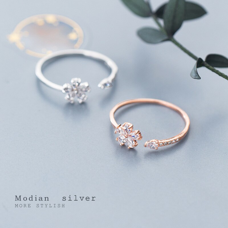 Modian äkta 925 sterling silver söt liten blomma växt fri storlek ring för kvinnor glittrande cz ring bröllop fina smycken
