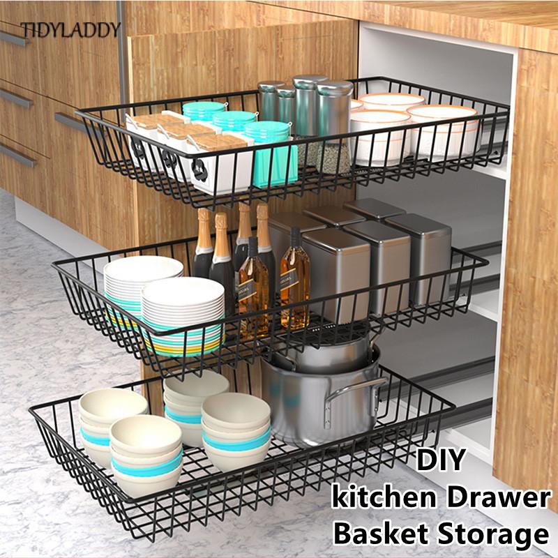 Diy Zwarte Kast Mand Track Slide Rack Keuken Organizer Opslag Plank Lade Transformatie Rvs Mand