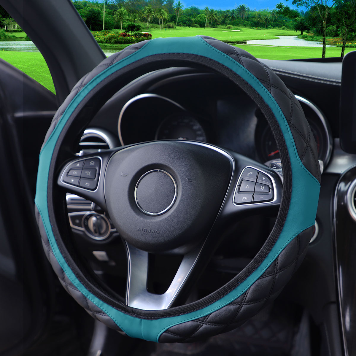 1 Leder-Stereo-Lenkradbezug mit Stickerei, bequem, rutschfest, ohne Innenring für 14,1-15-Zoll-Autos: Grün