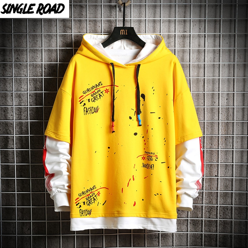 SingleRoad homme sweat à capuche pour homme surdimensionné Graffiti imprimé Hip Hop Harajuku japonais Streetwear jaune sweat à capuche homme sweat homme