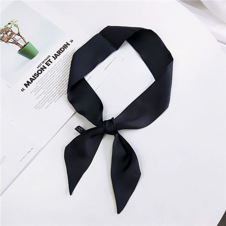 Foulard en soie pour femmes, belle écharpe à cou pour filles, beau , modèle solide, foulard à poignée, petit sac pour cheveux,: Black