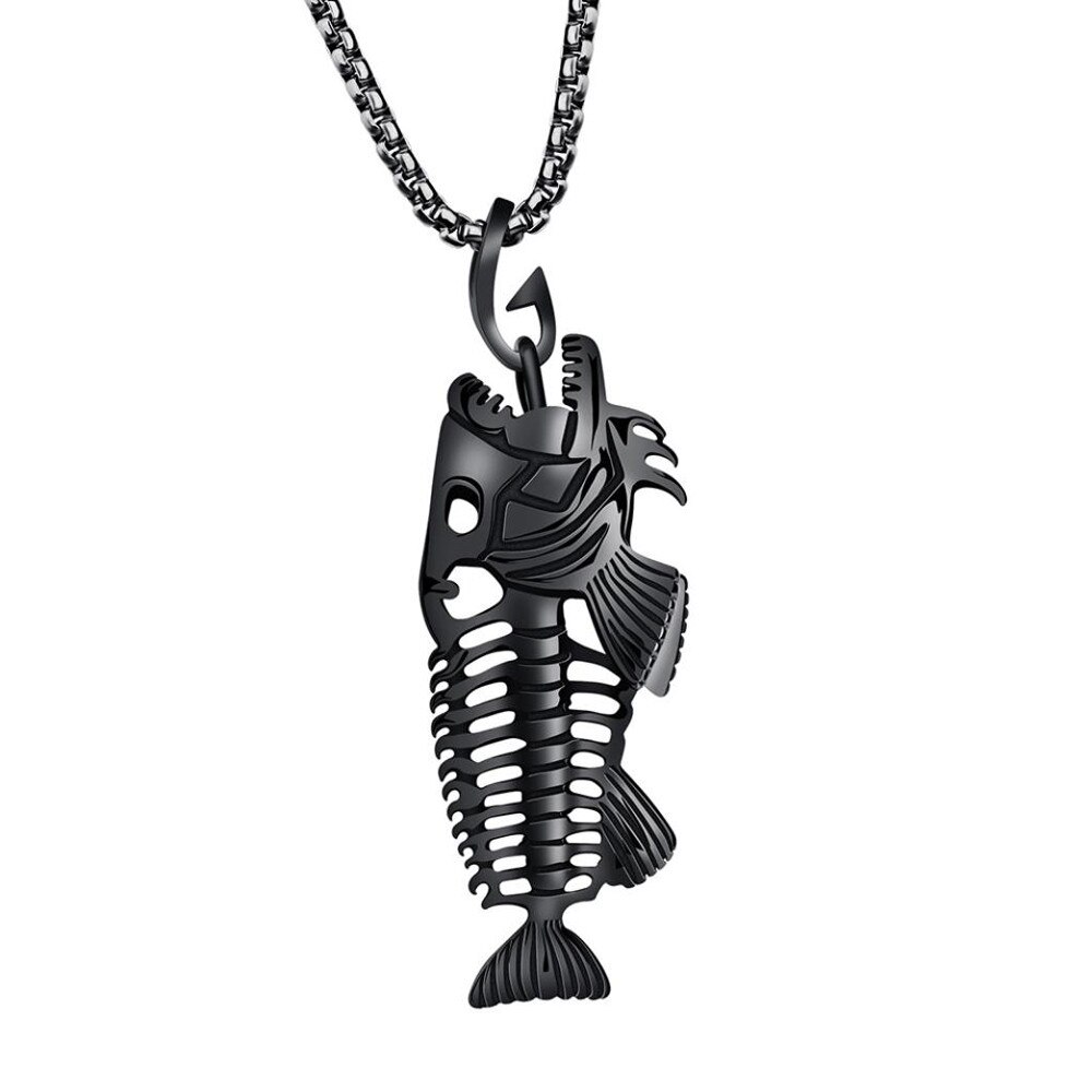 OTOKY Exclusive Fish Bone & Fishing Hook Skeleton Stainless Steel Pendant Surfer Chain Necklace Oct.23: BK