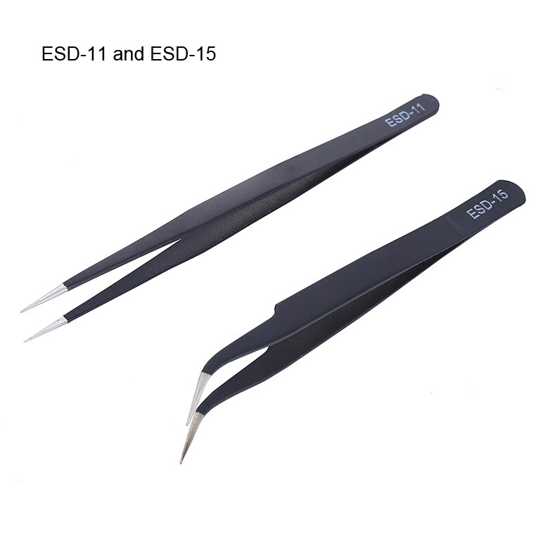 Pinzas de acero inoxidable antiestáticas ESD, herramientas de mantenimiento, pinzas rectas y curvadas de precisión Industrial, GYH, 6 uds.: ESD-11 and ESD-15