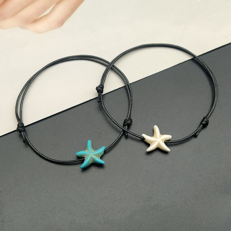 2- piece/loose rope bracelet for men and women, blue and white starfish design, couple's hand bracelet for boyfriend, adjustable lucky bracelet