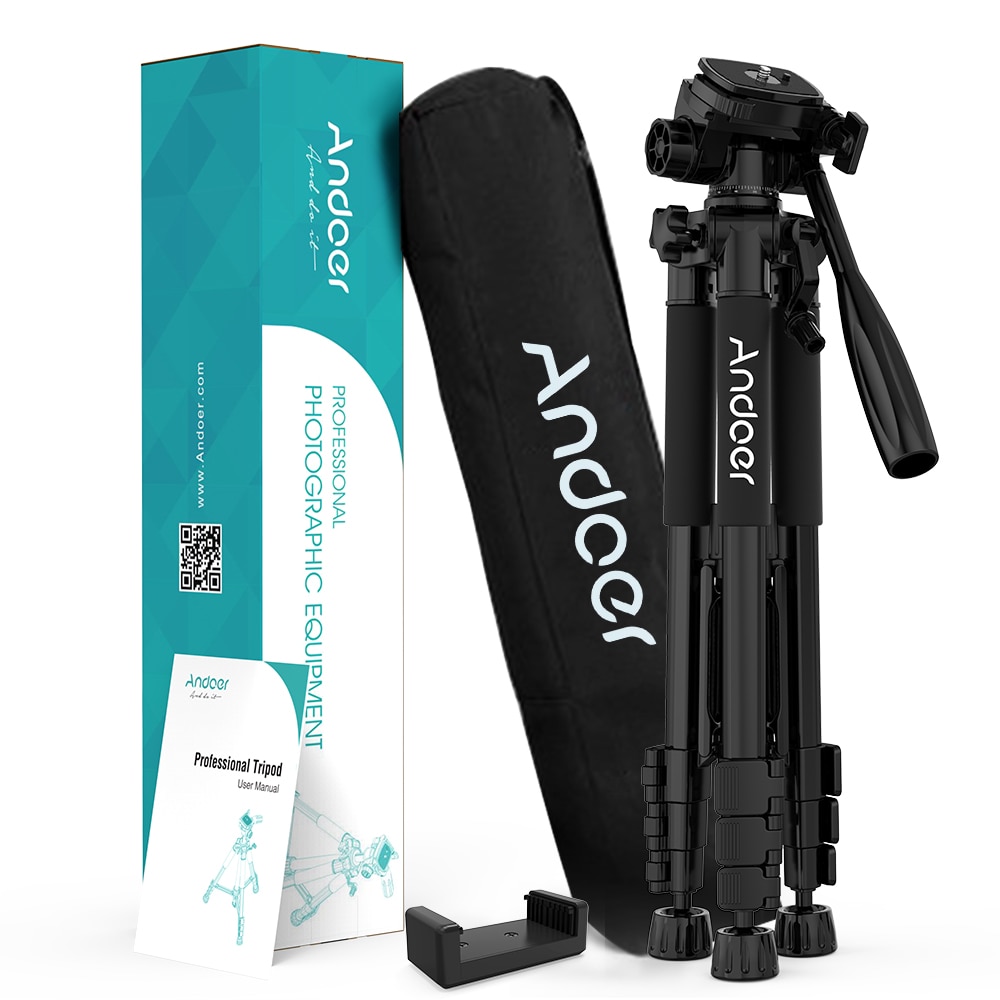 Andoer TTT 663N – trépied d'appareil photo léger de voyage de 57.5 pouces, pour la photographie et la prise de vue vidéo pour DSLR SLR avec sac de transport et pince pour téléphone