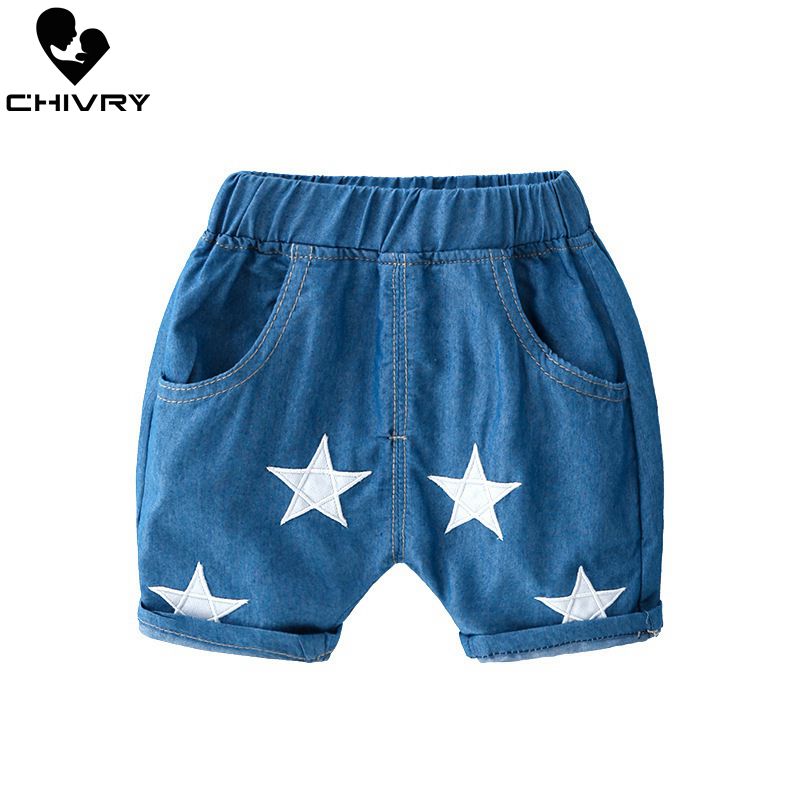 Pantalones cortos de playa para niños, Shorts de de verano para niños, pantalones vaqueros elásticos con estampado de estrella, pantalones cortos de talle medio,