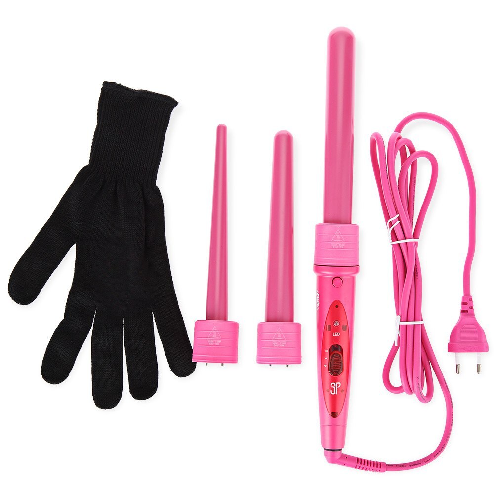 DODO 3 In 1 Removable Hair Curling Iron Conical Curling Wand Interchangeable 3 Parts Clip US/EU Plug Hair Iron Curler Set Curler: PINK EU Plug