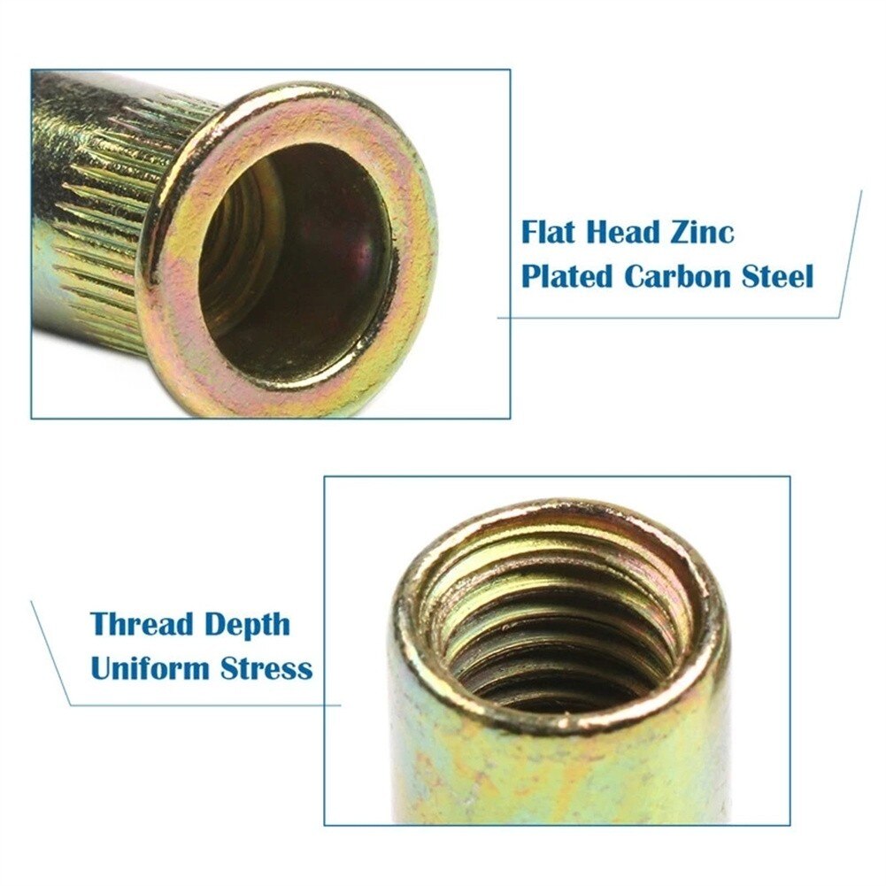 300 Pcs Rivet Nut Plaats Nutsert Cap Verzinkt Carbon Staal Gekartelde Noten Nutsert Platte Kop Schroefdraad M3 M4 M5 m6 M8 M10 M12