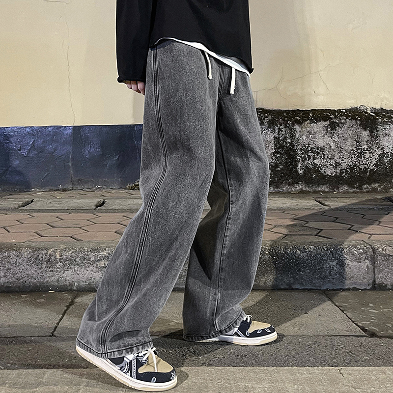 2023 männer Jeans Koreanische Ausführung Schüler lässig Hosen hoch Straße Gerade verlieren Breite Bein Jeans Schwarz Grau Blau ausgebeult Jeans