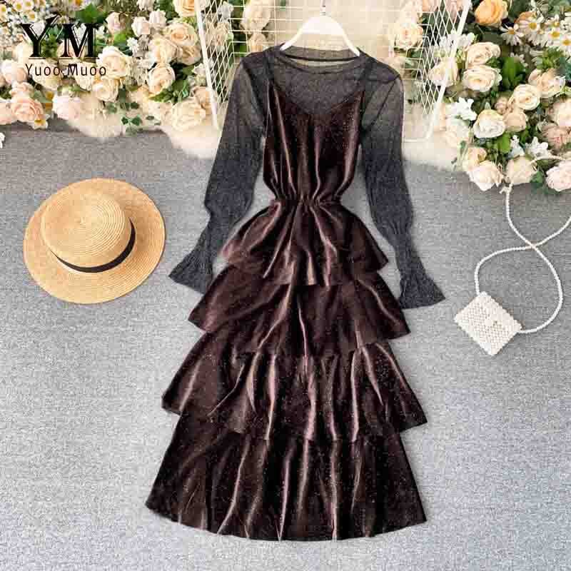 YuooMuoo Bling Bling Luxury Party Dress Women Two Piece Set Shirt and Pleuche Spaghetti Strap Dress Festival Long Dress: Brown