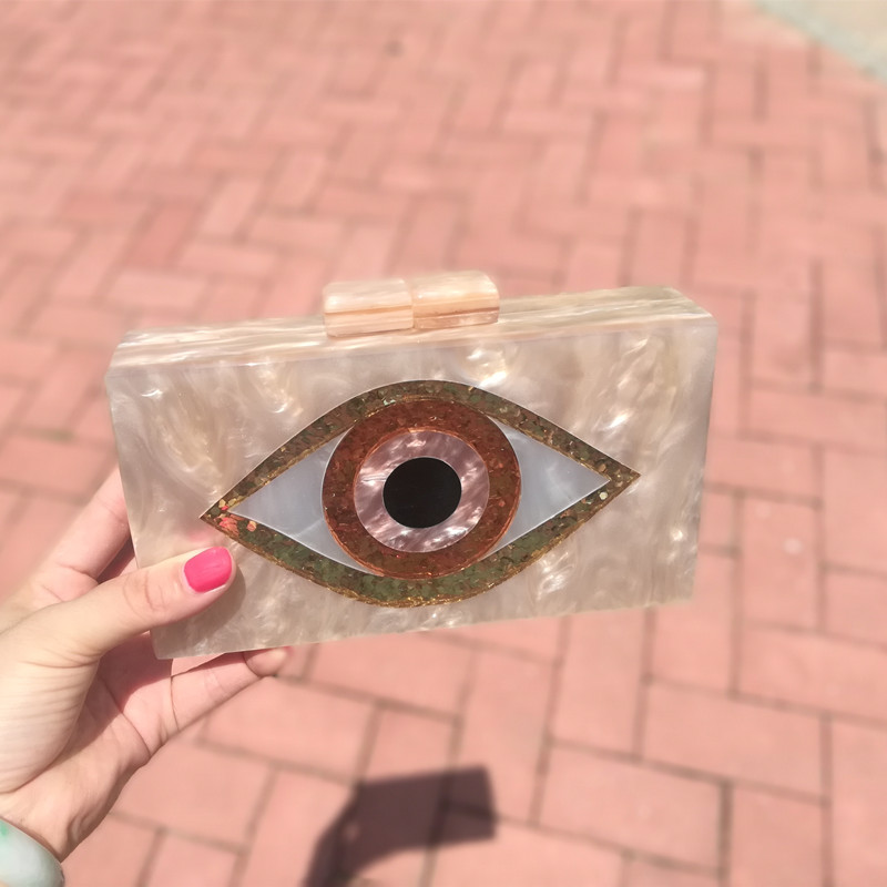 Pearl Champagne Nude Sand Color Acrylic Evil Eye Patchwork Women Brand Evening Small Mini Flap Shell PVC Box Clutches Purse Bags