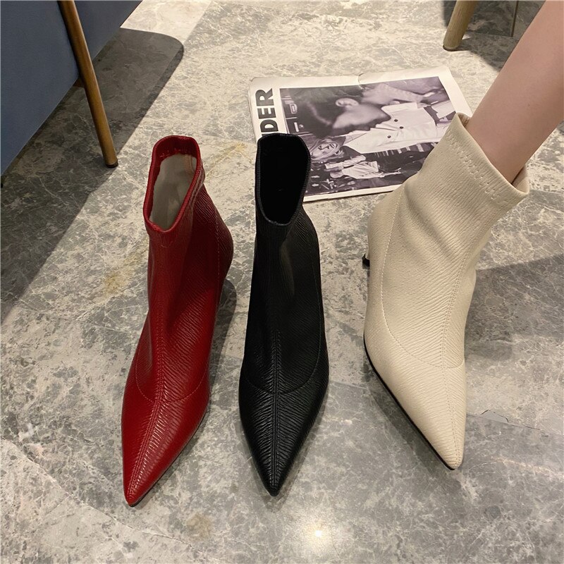 Pointed Toe Sock Boots Women Ankle Boots Stretch Shoes Slip On Thin Mid Heels Chelsea Boots Woman Red Black Shoes Short Boots