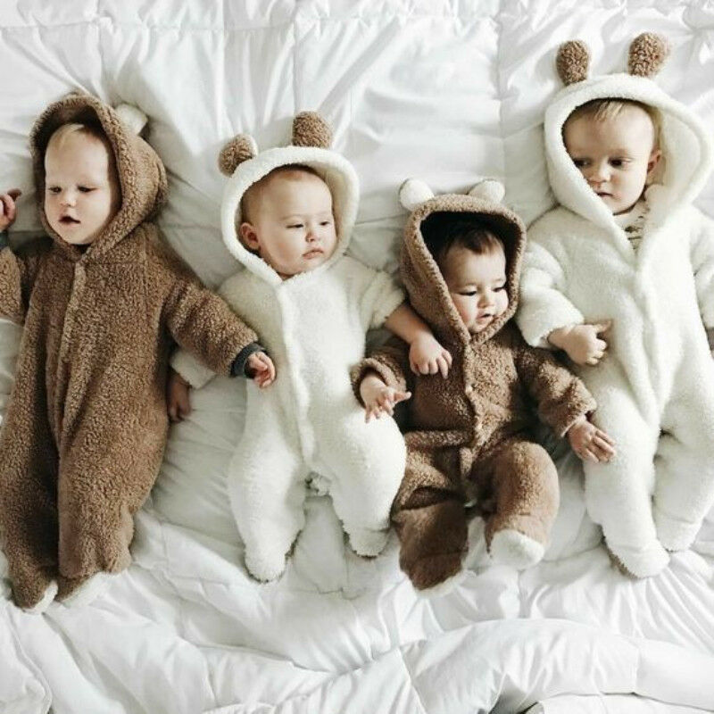 Newborn Baby Girls Boys Long Sleeve Solid Soft Warm Fuzzy Hooded Romper Jumpsuit Winter Outfits Clothes