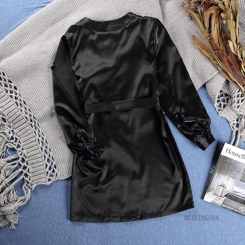 Lantaarn Mouw Bourgondië Robes Vrouwen Satijn Zijde Gewaad Pure Kleur Lange Mouwen Winter Nachtkleding Sexy Gewaad Zwart Wit Herfst