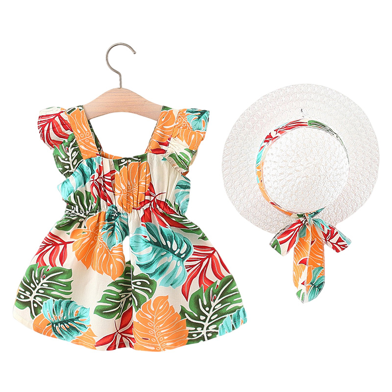 Pasgeboren Baby Meisjes Prinses Jurken Baby Meisjes Kleding Kinderen Mouwloze Bloemen Jurk + Hoed 2 Stuks Zomer Kinderkleding