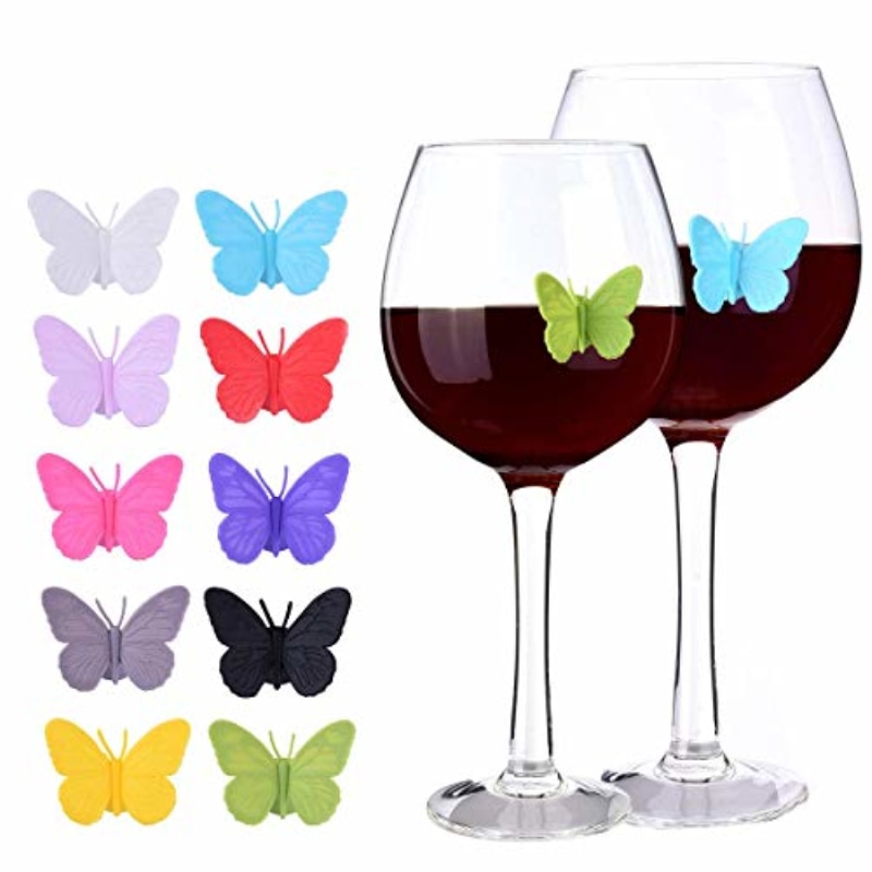 6 Pcs Silicone Red Wine Glass Marker Color Butterfly Wine Cup Identifier Labels Tags Sign Suction Cup Cocktail Party Bar Tools