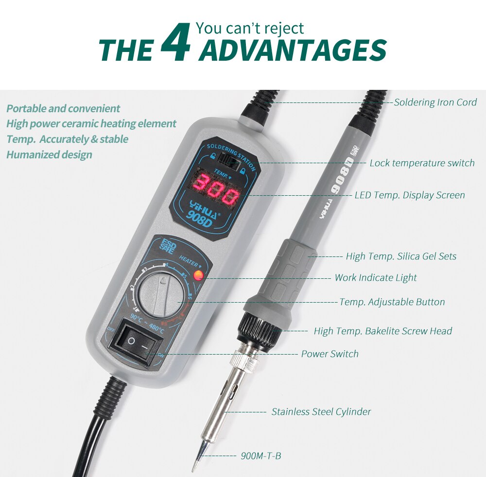 Oprindelige 220v/110v yihua 908d loddekolbe temperaturjusterbar elektrosvejsning loddekolbe  +5 tips + holder + pincet + tin