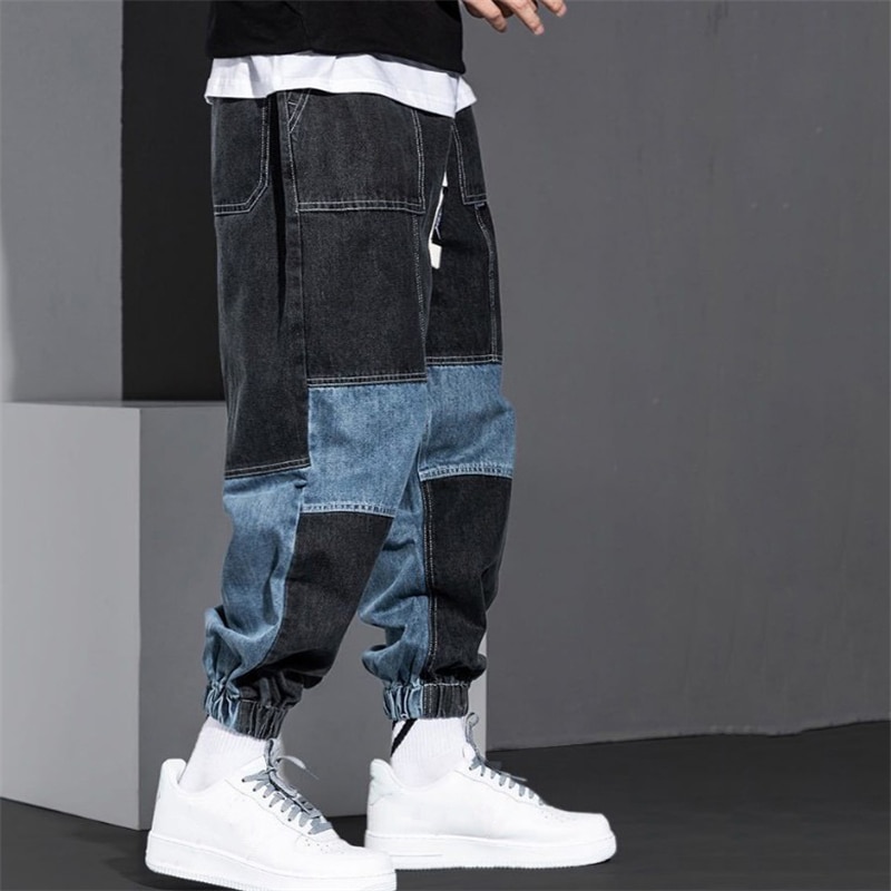 Pantalones Cargo de estilo Hip-Hop para hombre, Vaqueros holgados de cintura elástica, Jeans de retales lavados, ropa de calle de ocio para hombres,